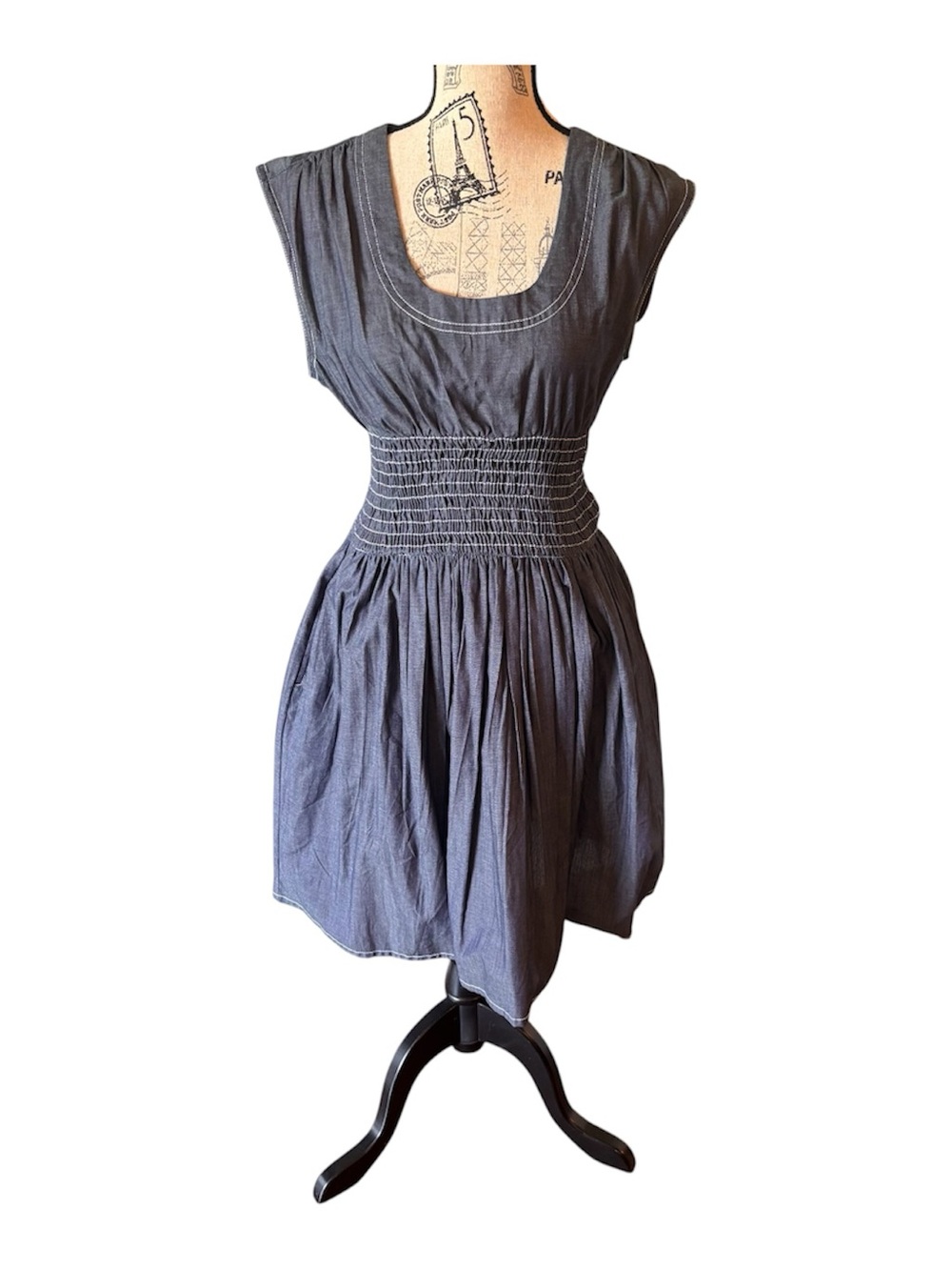 VENUS Slate Gray Smocked-Waist Midi Dress
